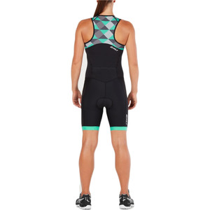 2018 2XU Womens Active Front Zip Trisuit NEGRO / RETRO AQUA GREEN WT4865d